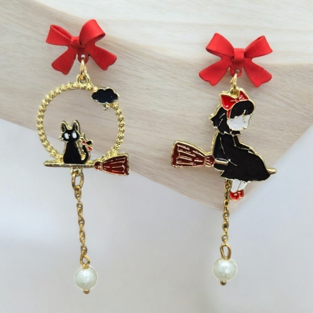 Kiki’s Delivery Service Cute Pearl Earrings Jiji Black Cat Witch Broom Red Bows